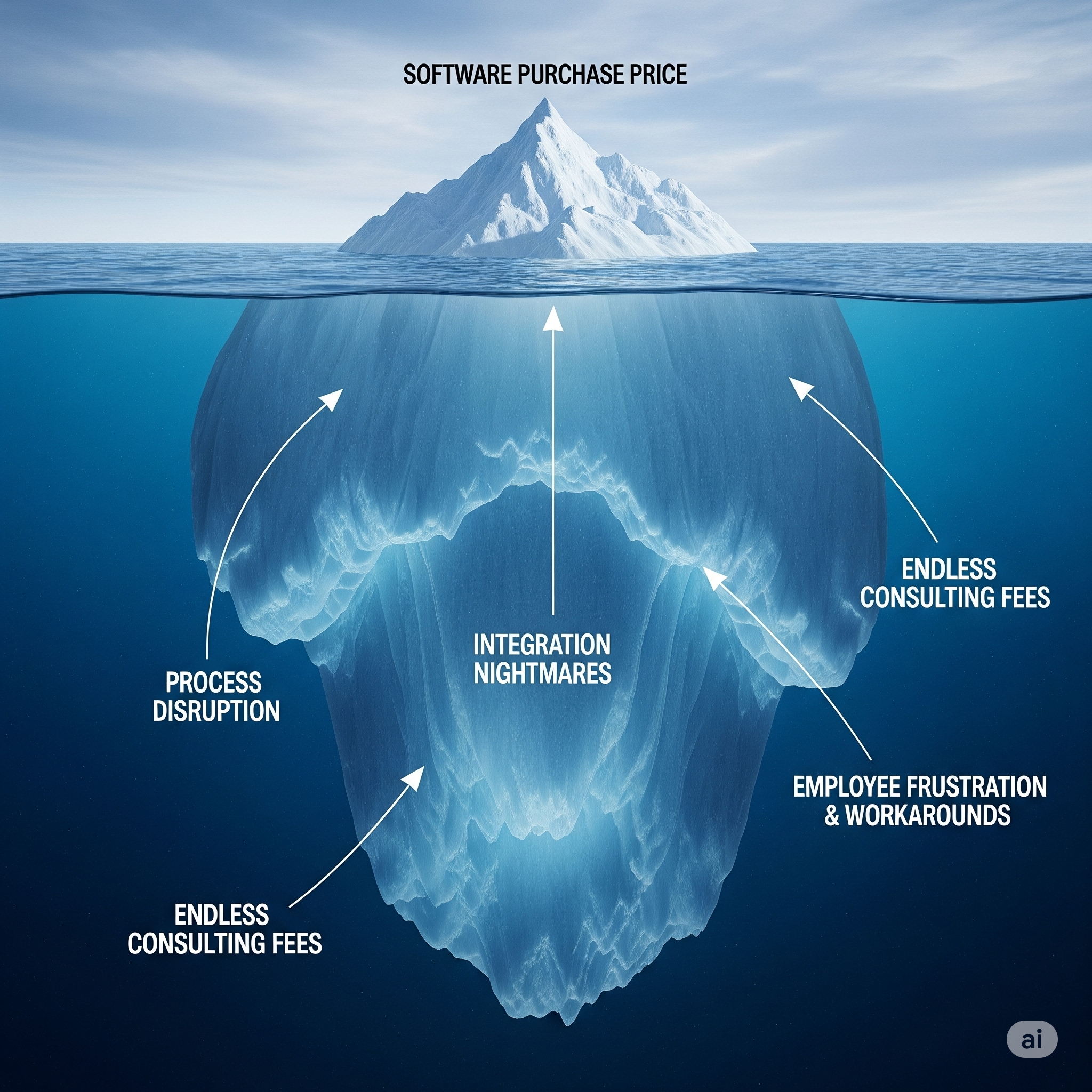 An iceberg with only a small tip visible above the water, labeled ‘Software Purchase Price.’ Below the waterline, a much larger, submerged part of the iceberg is visible, with different sections clearly labeled: ‘Process Disruption,’ ‘Integration Nightmares,’ ‘Endless Consulting Fees,’ and ‘Employee Frustration & Workarounds.’ The overall tone should convey that the obvious cost is small compared to the hidden expenses."
Relation and Highlight: This image uses the common iceberg metaphor to illustrate the “hidden costs.” It visually emphasizes that the initial software price is just the beginning, and the real, often unseen, costs of forcing conformity are substantial and damaging.