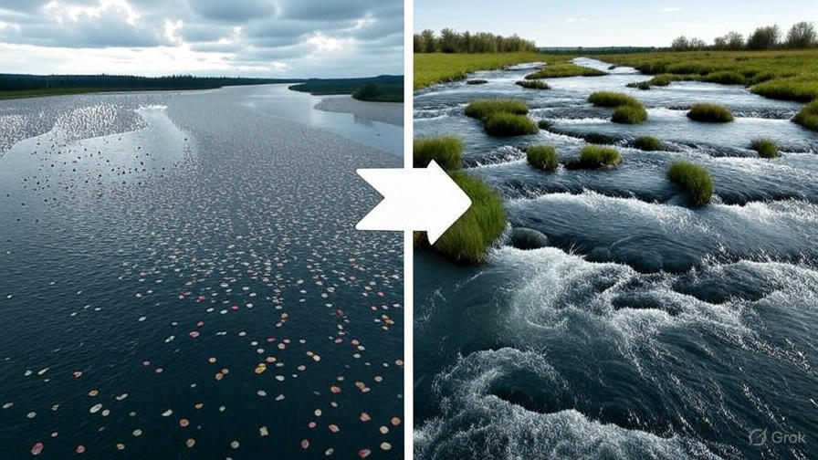 A side-by-side comparison. On the left, a large, wide, shallow river (horizontal platform) with many indistinct dots (users). On the right, many smaller, deeper, distinct streams (vertical platforms), each flowing purposefully and serving a clear cluster of dots. An arrow shows the transformation from the left to the right, signifying the ‘Great Multiplication’