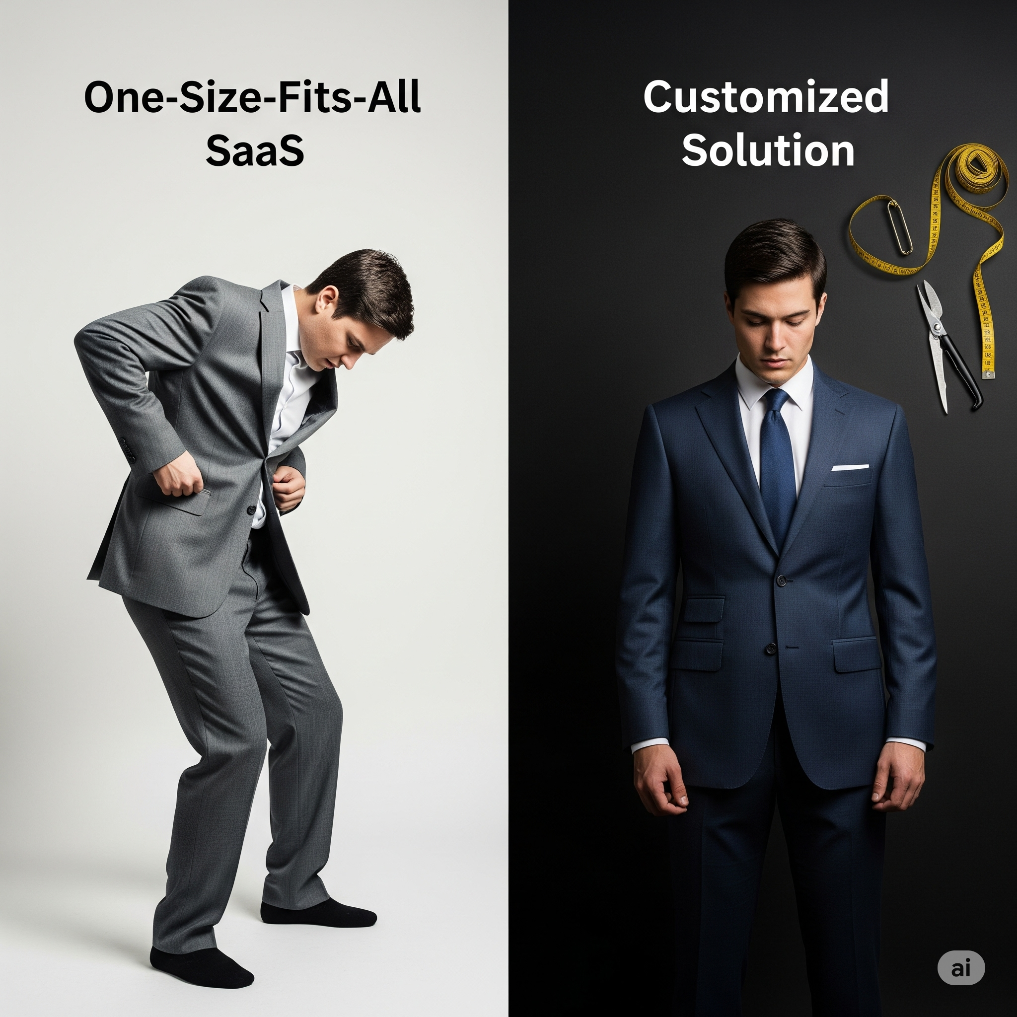 A split image. On the left side, a person is uncomfortably trying to squeeze into an ill-fitting, generic grey suit that is clearly too tight in some places and too loose in others, labeled subtly with ‘One-Size-Fits-All SaaS’. On the right side, the same person is standing comfortably and confidently in a perfectly tailored suit, with measuring tape and tailoring tools subtly in the background, labeled ‘Customized Solution’. The contrast should be stark, emphasizing discomfort vs. perfect fit.