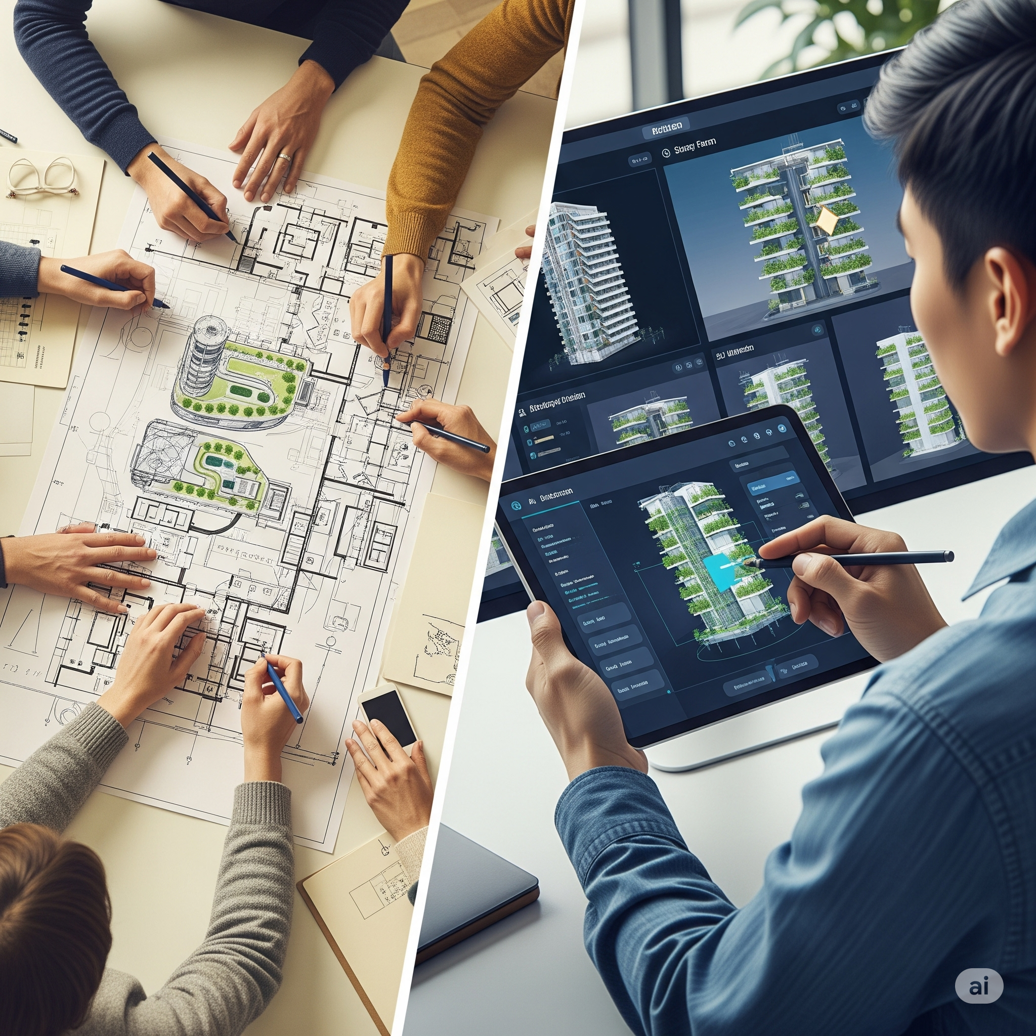 A time-lapse concept. On the left, a complex blueprint for a building is slowly and arduously being drawn by many hands. On the right, using a sleek tablet with an AI interface, a single designer quickly generates multiple variations of a unique, specialized building (e.g., a vertical farm, a bio-lab). The AI interface shows accelerated design and iteration. The feeling should be speed, innovation, and specialization."
Relation and Highlight: This visual represents the acceleration and specialization enabled by AI in the “Custom Software Renaissance.” The contrast between slow, traditional methods and rapid, AI-assisted prototyping for domain-specific solutions highlights the key benefits AI brings.