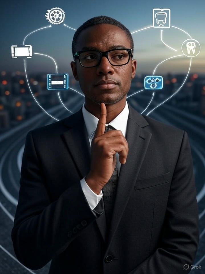 A business leader standing at a crossroads with many diverging paths. Each path leads to a different, specialized SaaS platform icon (e.g., a small cog for manufacturing, a tooth for dental, a film reel for media). The leader is looking thoughtfully, perhaps with a futuristic visor or AI assistant whispering in their ear, suggesting careful evaluation. Some paths are brightly lit, indicating good choices, while others are dimmer. The feeling is one of opportunity mixed with the challenge of choice