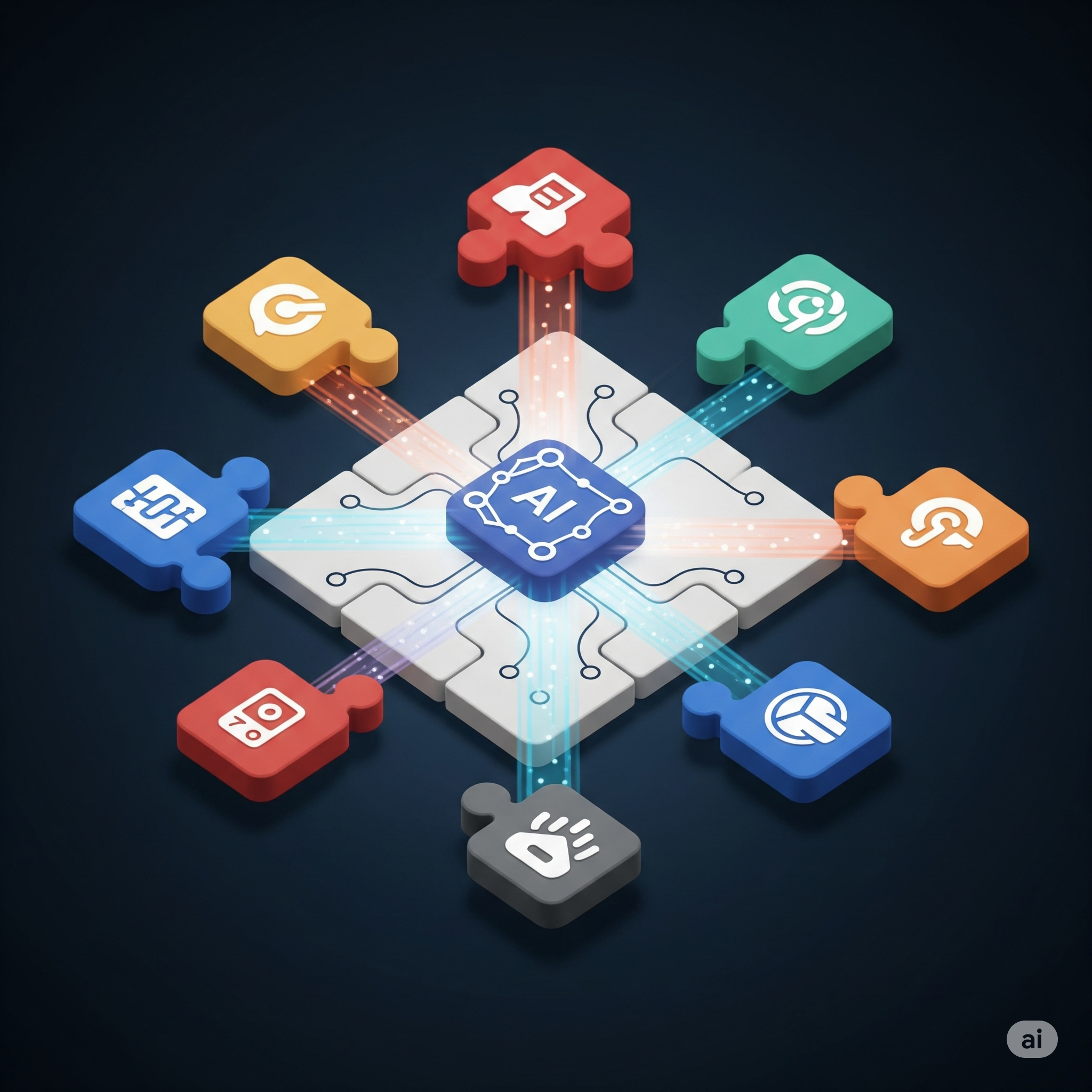 visually explains the “Integration Advantage” of AI. The puzzle pieces fitting together seamlessly, orchestrated by a central AI, represent how AI can easily connect disparate systems and enable the composition of custom solutions from smaller SaaS products.