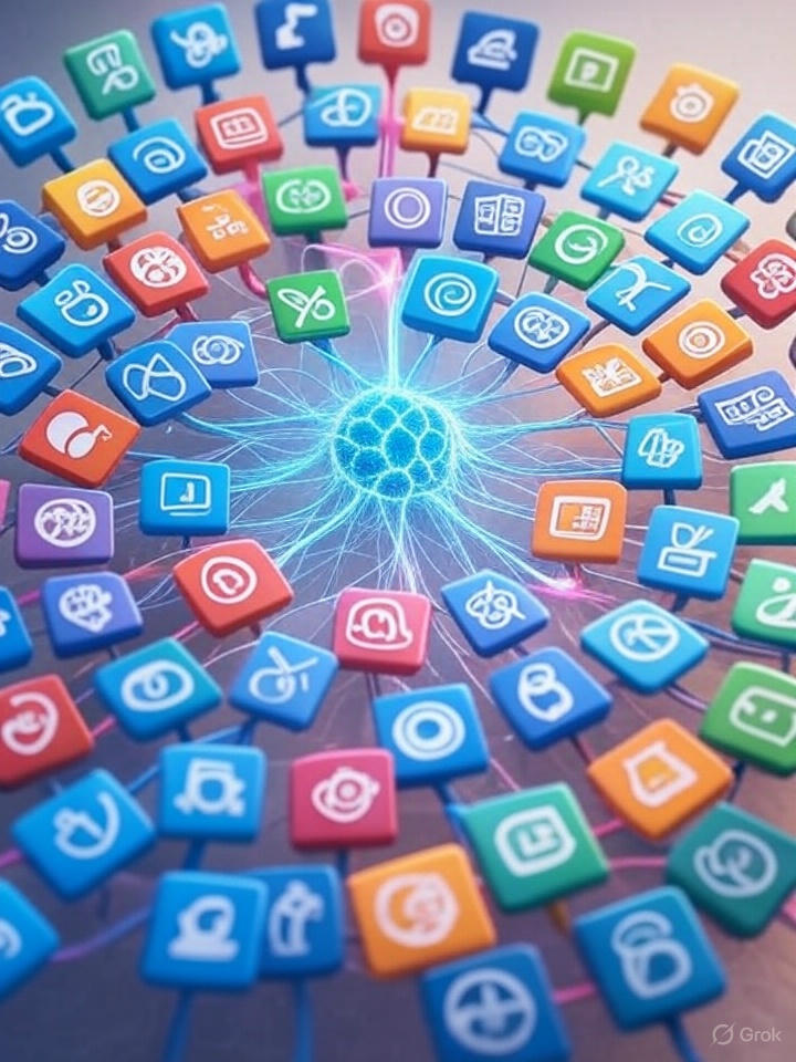 A set of diverse, smaller software application icons (representing Micro SaaS or Niche SaaS) are seamlessly connecting like perfectly fitting puzzle pieces. In the center, a glowing AI neural network icon is acting as the intelligent hub, with data flowing smoothly between the pieces. The connections are not rigid wires but dynamic, adaptive light beams, symbolizing intelligent and flexible integration.